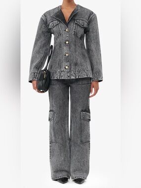 GANNI Angi High Rise Full Length Black Washed Denim Wide Straight Leg Size 24